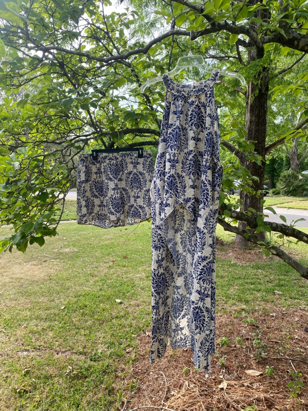 Blue and Cream Printed Women's Jumpsuit and Shorts Set